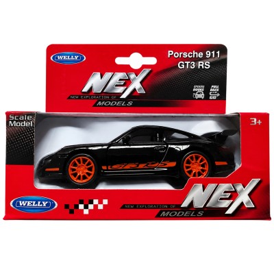 Колекційна машинка Welly NEX Porsche 911 GT3 RS, чорна з помаранчевими дисками
